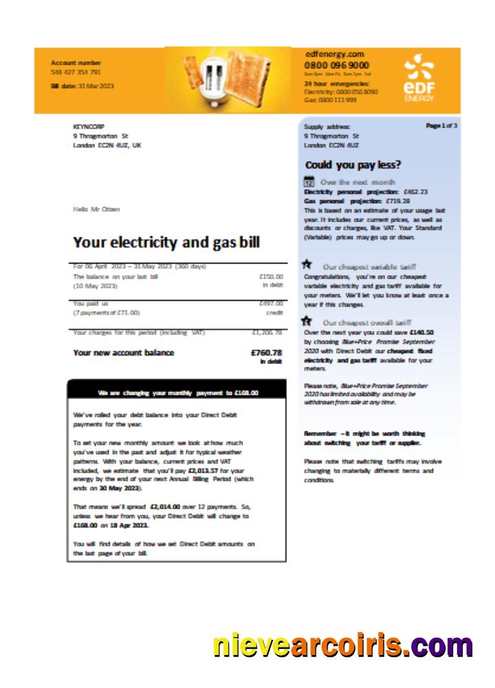 EDF (UK) utility business bill page 1
